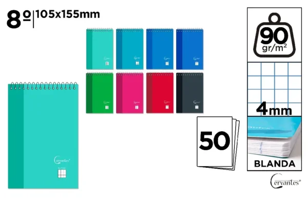 CERVANTES BLOCCO NOTE SPIRALATO 8° 50F 90G 4M COL.