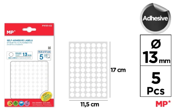 MP ETICHETTE ADESIVE ROTONDE STAMPABILI 13MM 385PZ