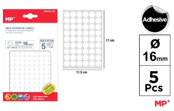 MP ETICHETTE ADESIVE ROTONDE STAMPABILI 16MM 270PZ
