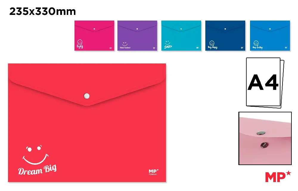 MP BUSTA TRASPARENTE CHIUSURA BOTTONE A4 COL. ASS.