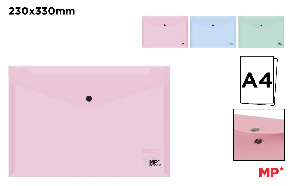 MP BUSTA TRASPARENTE CHIUSURA BOTTONE A4 COL. ASS.