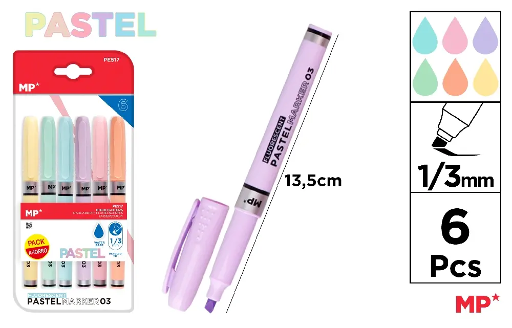 MP EVIDENZIATORI A PENNA 1-3MM 6PZ COL.ASS PASTEL