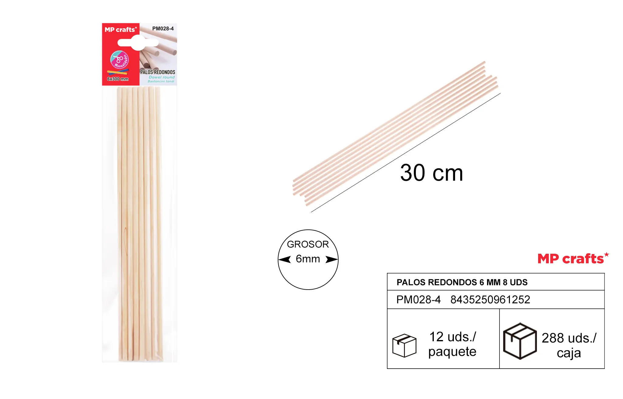 MP BASTONCINO ROTONDO IN LEGNO 305X6MM 8PZ