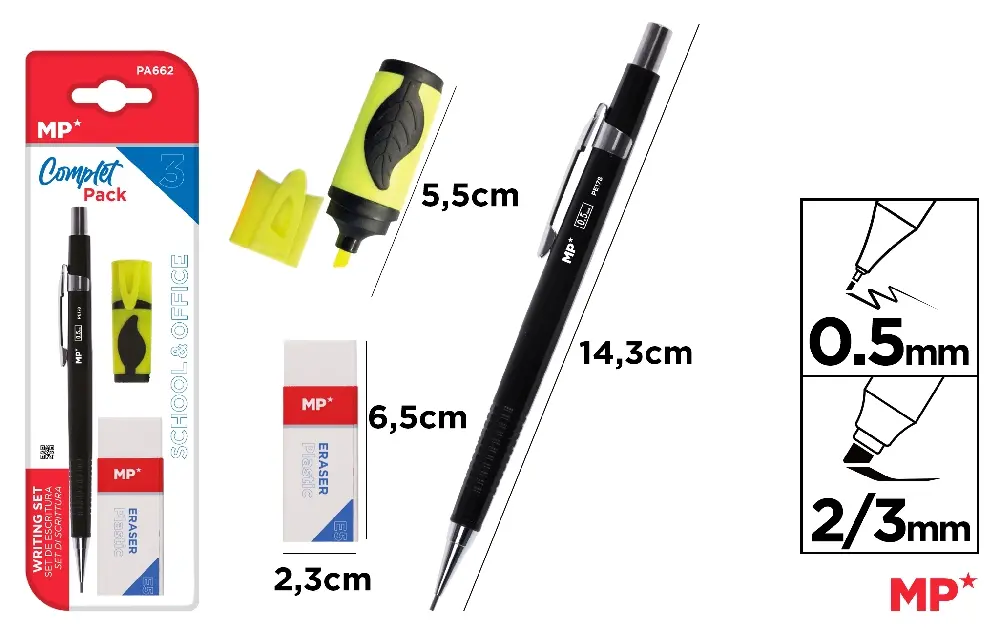 #MP SET SCRITTURA PORTAMINE+GOMMA+EVIDENZIATORE