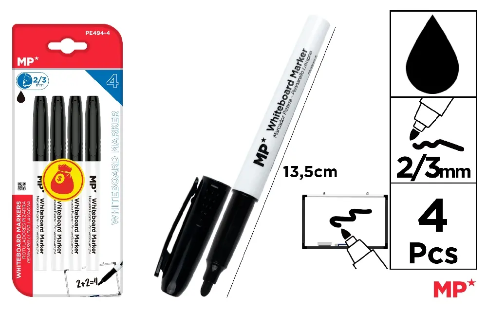 MP PENNARELLO LAVAGNA PUNTA TONDA 2/3MM 4PZ NERO