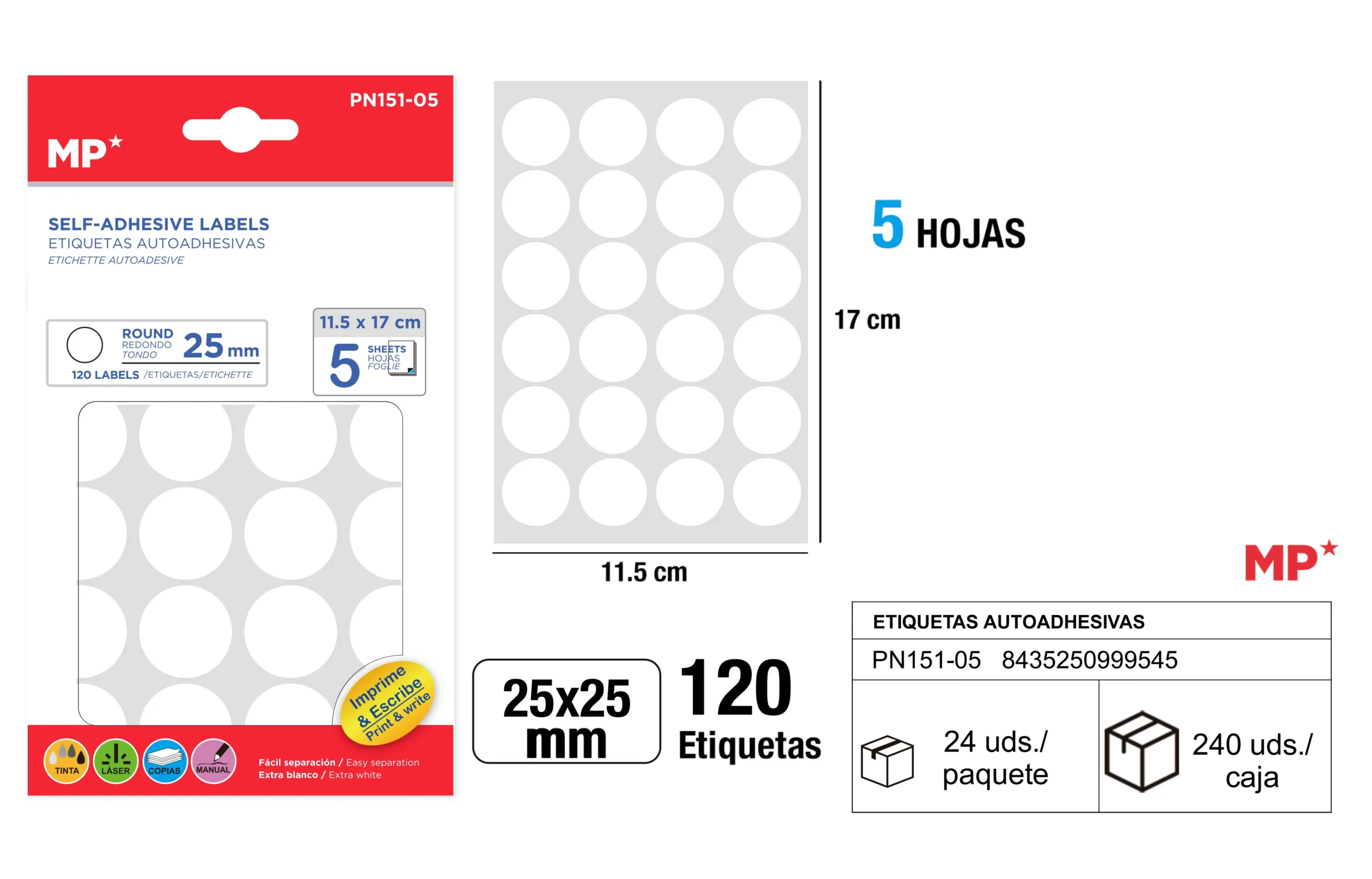 MP ETICHETTE ADESIVE ROTONDE STAMPABILI 25MM 120PZ